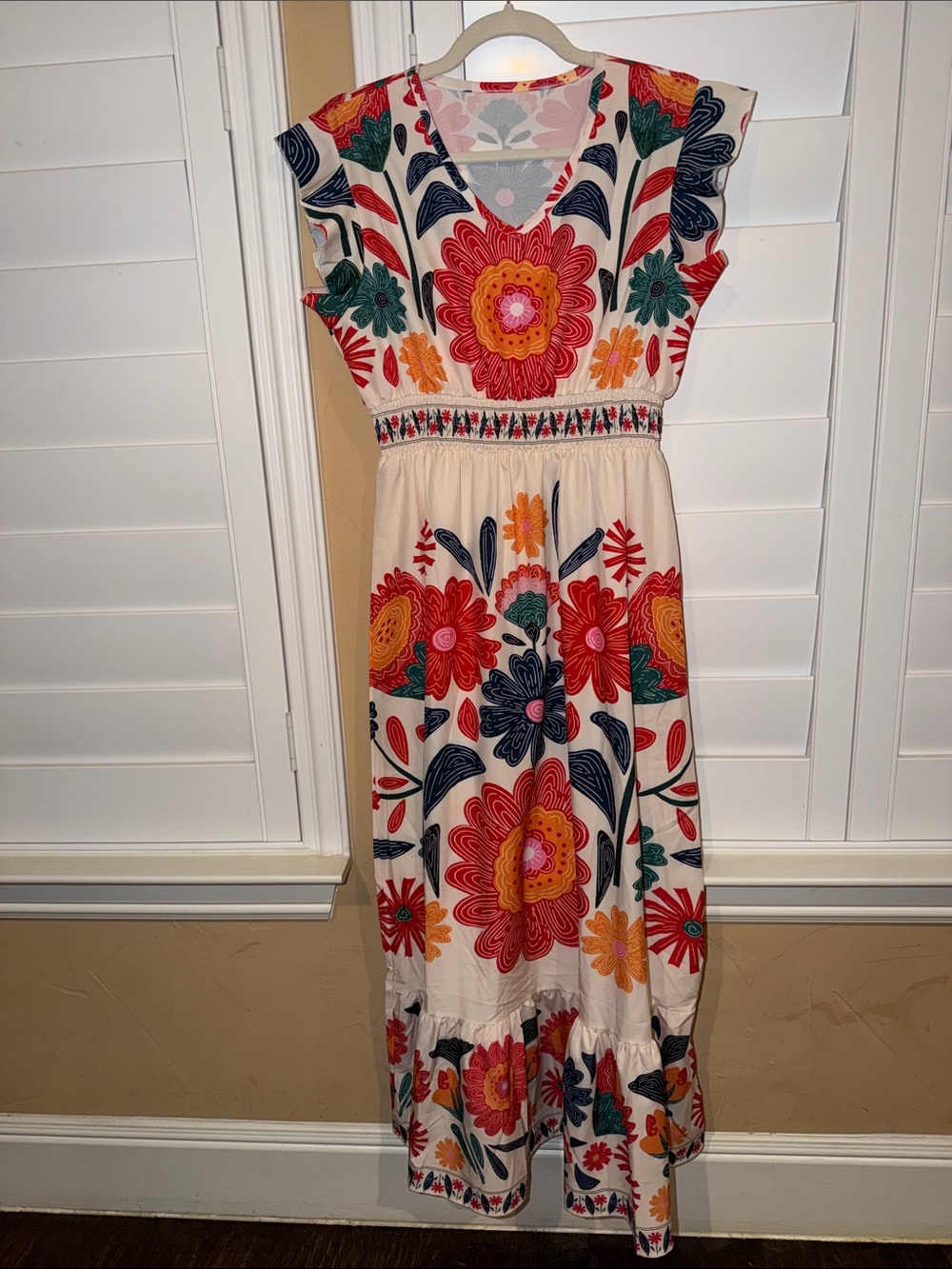 Floral V-Neck Maxi Dress in Cream with Bold Multicolor Flowers